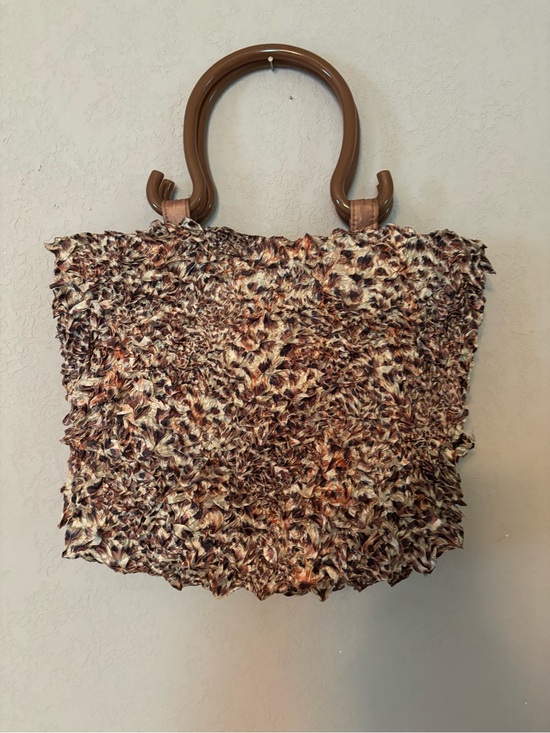 Handbags - Brown Textured Cloth Tote Bag with Brown Lucite Handles